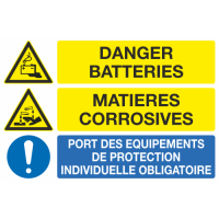 Panneau Danger batteries matières corrosives équipement obligatoire