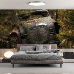 Papier peint Panoramique Epave Voiture Foret