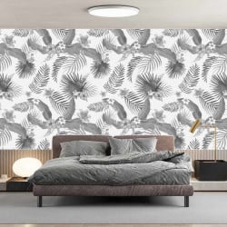 Papier Peint Panoramique Jungle Motifs Fleurs et Feuilles Noir et Blanc