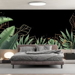 Papier Peint Panoramique Feuilles Tropical Dorées