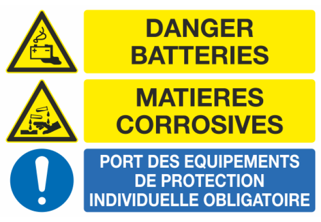 Panneau Danger batteries matières corrosives équipement obligatoire