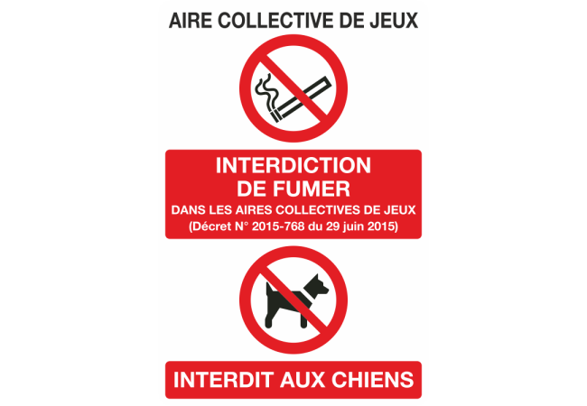 Panneau Interdit de fumer et aux chiens aire collective de jeux
