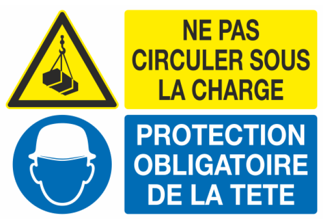 Panneau Ne pas circuler sous la charge protection obligatoire de la tête
