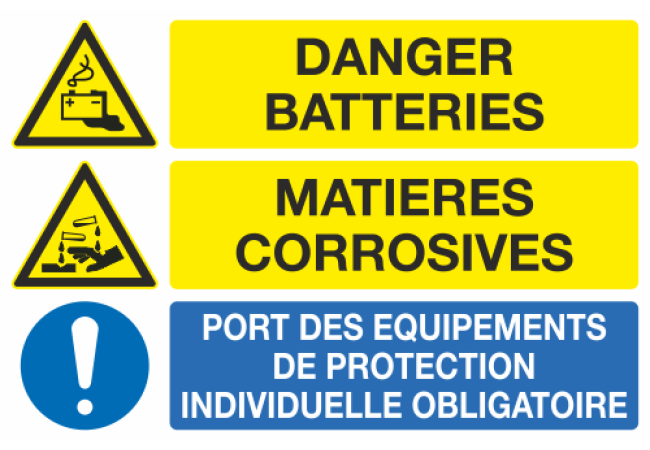 Panneau Danger batteries matières corrosives équipement obligatoire