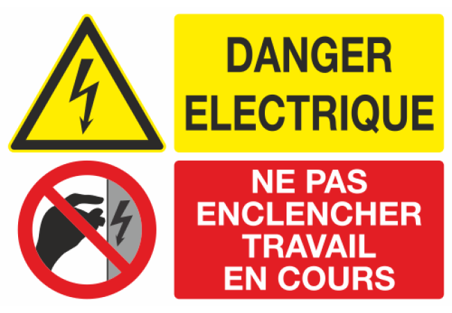 Panneau Danger eléctrique ne pas enclencher travail en cours